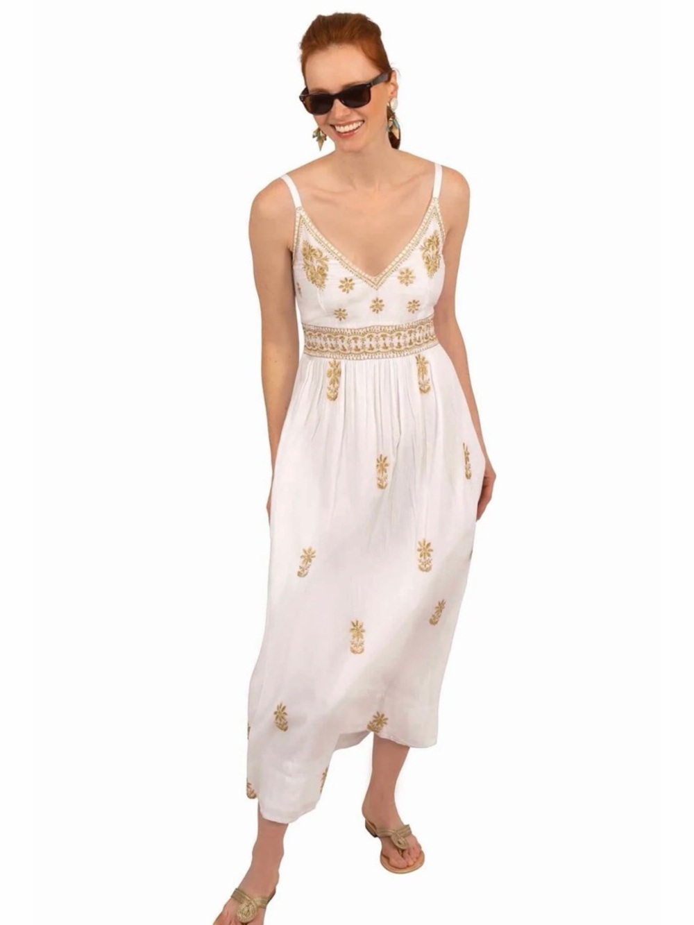Gretchen Scott White Gold Embroidered Maxi Dress Boho Summer New Without Tags